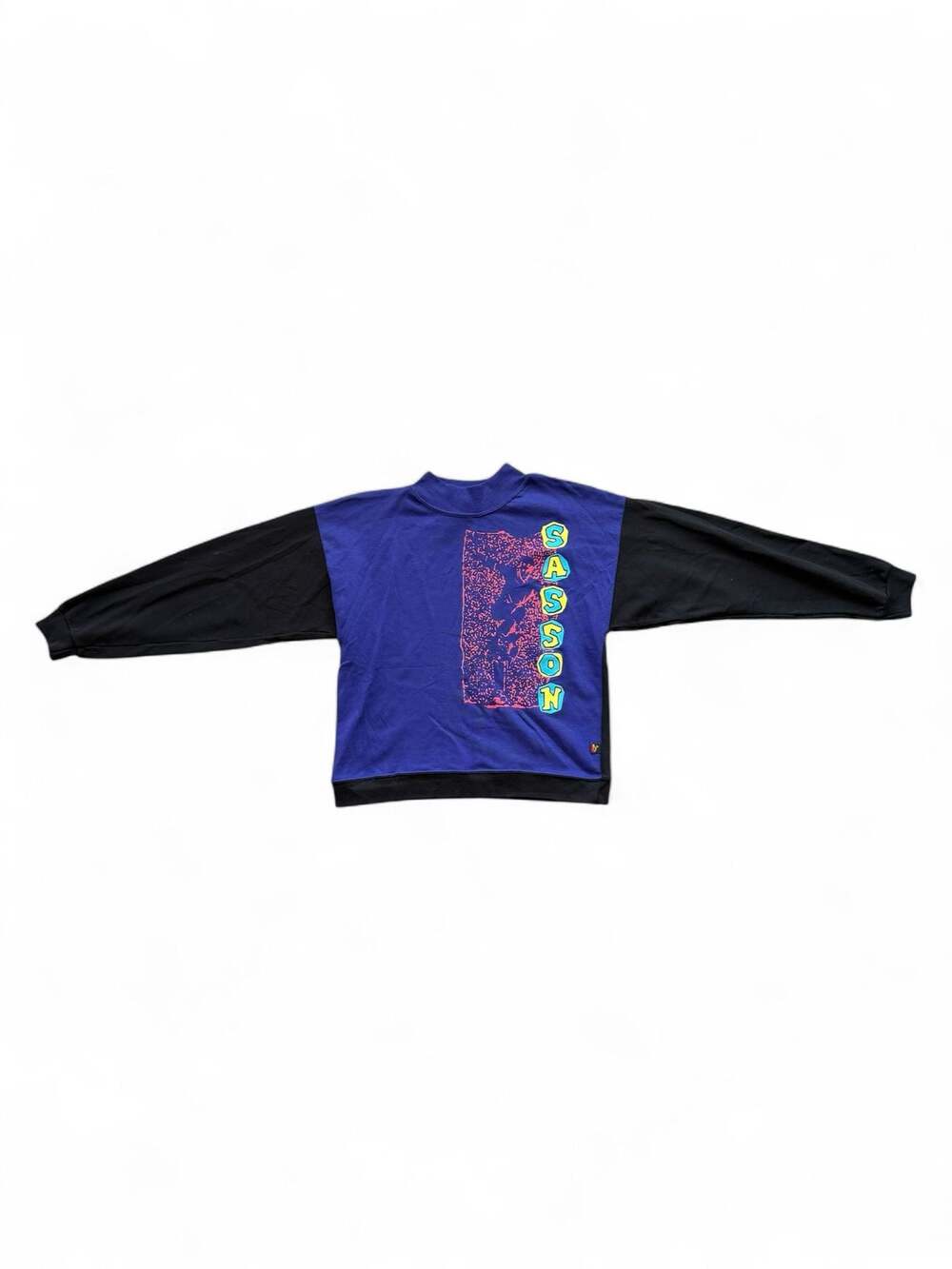 Vintage 80s Sasson Neon Puffy Logo Colorblock Mock Neck Sweatshirt